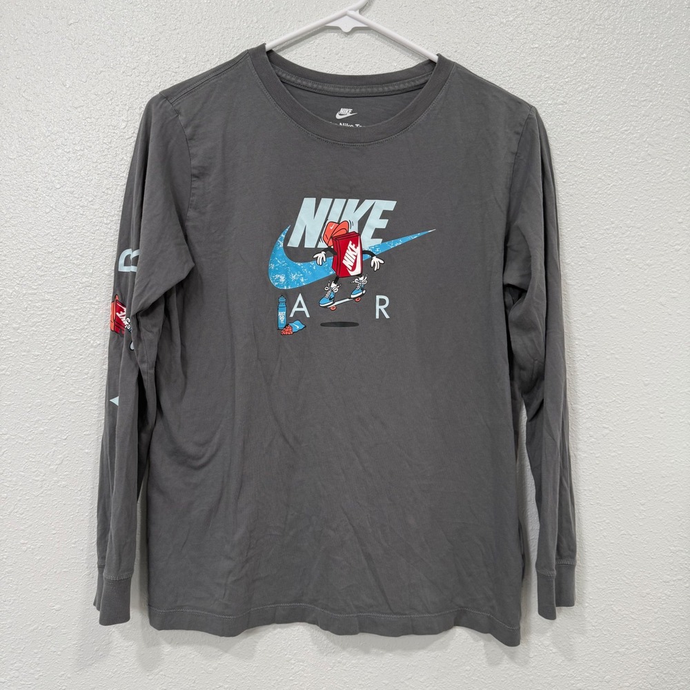 Nike Air Kids XL Gray Long‎ Sleeve Skateboard Shoebox Graphic T-Shirt Cotton